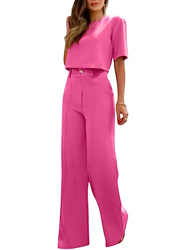 Oanviso Damen Anzug Elegant 2 Teilig Modern Set Hose Weite Beine + Bauchfreies Oberteil Hosenanzug Festlich Sommer Outfit Casual Loungewear Cocktail Party Abendrobe Kleidung Rosa M von Oanviso