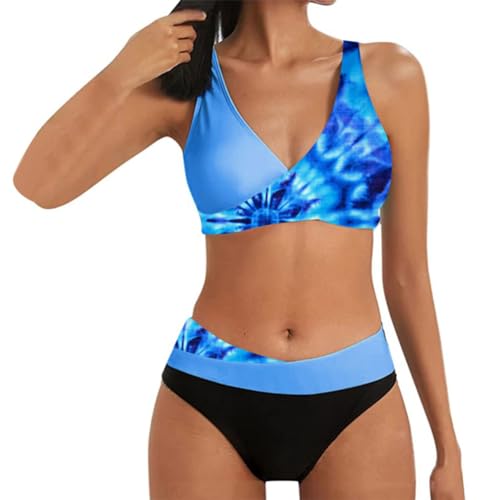 Oanviso Damen Geteilter Badeanzug Push Up Bikini Set Crossover Bikini Oberteil Bikini Bottom Damen Bedruckter Bademode Zweiteiliger Badeanzug Oversized A3 Blau XXL von Oanviso