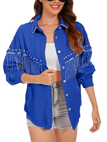 Oanviso Damen Glitzer Jacke Pailletten College Party Jacken Dünne Cardigan Oberteile Denim Quaste Punk Jeansjacke Einfarbig Langarm Mädchen Mantel für Frühling A Dunkelblau L von Oanviso