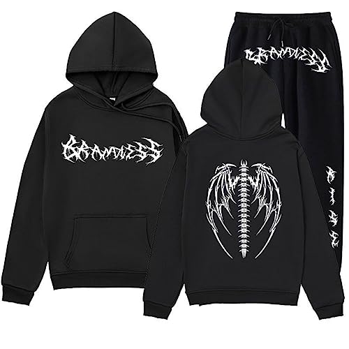 Oanviso Damen Jogginganzug Mode Druck Casual Anzug Langarm Y2K E-Girls Gothic Harajuku Hoodie + Freizeithose 2 Teiliges Sportanzug Outfit Vintage Sets für Herbst A Schwarz M von Oanviso