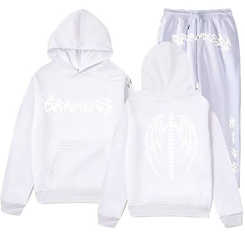 Oanviso Damen Jogginganzug Mode Druck Casual Anzug Langarm Y2K E-Girls Gothic Harajuku Hoodie + Freizeithose 2 Teiliges Sportanzug Outfit Vintage Sets für Herbst A Weiß M von Oanviso