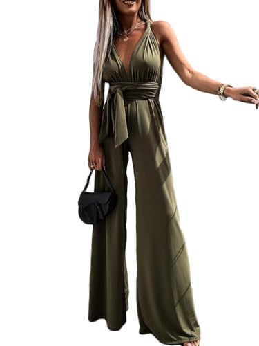Oanviso Damen Jumpsuit Elegant Armellos Hohe Taille Cocktail Party Festlich Overalls Hosenanzug Playsuit Lang Romper C-armeegrün S von Oanviso