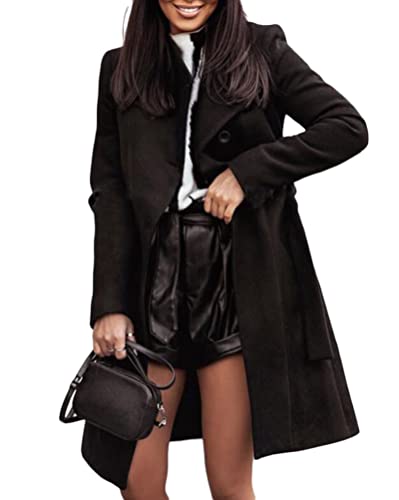 Oanviso Damen Lang Mantel Elegante Wollmantel Jacke mit Knöpfen mit Gürtel Schicke Übergangsjacke mit Taschen Mode Warm Langarm Oberbekleidung Overcoat Große Größe A Schwarz S von Oanviso