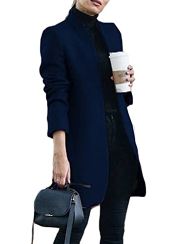Oanviso Damen Lang Mantel Elegante Wollmantel Jacke mit Knöpfen mit Gürtel Schicke Übergangsjacke mit Taschen Mode Warm Langarm Oberbekleidung Overcoat Große Größe D Dunkelblau M von Oanviso