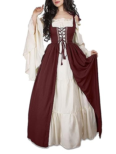Oanviso Damen Retro Renaissance Mittelalter Kleid Maxikleid Cosplay Kleid Gothic Karneval Party Halloween Kostüm Viktorianische Kleider Mittelalterkleid Große Größe A Weinrot S von Oanviso