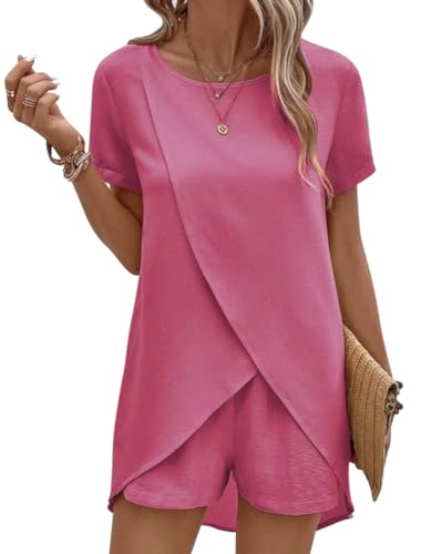 Oanviso Damen Zweiteiler Sommer Elegant Hosenanzug Legere Asymmetrisches T-Shirt Lang + Weite Shorts Freizeitanzug Modern Locker Lässig Loungewear Set Kurz Casual Outfit Rosenrot L von Oanviso