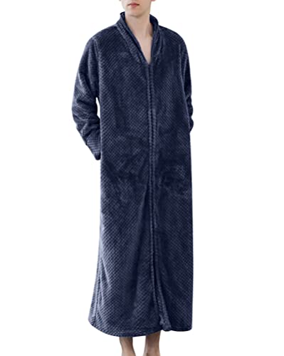 Oanviso Damen&Herren Bademantel mit Kapuze/V-Ausschnitt in Voller Länge Reißverschluss Nachtwäsche Warm Dick Flanell Loungewear mit Tasche Weich Wadenlang Bodenlang Morgenmantel Unisex B Marineblau M von Oanviso