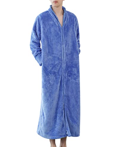 Oanviso Damen&Herren Bademantel mit Kapuze/V-Ausschnitt in Voller Länge Reißverschluss Nachtwäsche Warm Dick Flanell Loungewear mit Tasche Weich Wadenlang Bodenlang Morgenmantel Unisex B Himmelblau XL von Oanviso