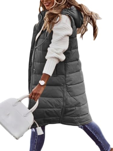 Oanviso Daunenweste Damen Lang Mit Kapuze Wintermantel Gesteppt Warme Leichte Weste Daunen Mantel Ärmellose Jacke Daunenmantel Steppweste Daunenjacke Steppjacke Outdoor Winterjacke Vest Grau M von Oanviso