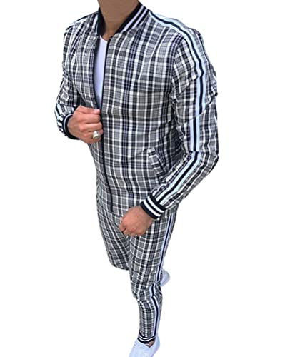 Oanviso Freizeitan-Set Herren Langarm Kariertes Trainingsanzug Sportanzug mit Reißverschluss und Tasche Jogginganzug Slim Fit Männer Sweatjacke Trainingshose Karierter Zweiteiliger Sets B02 XXL von Oanviso