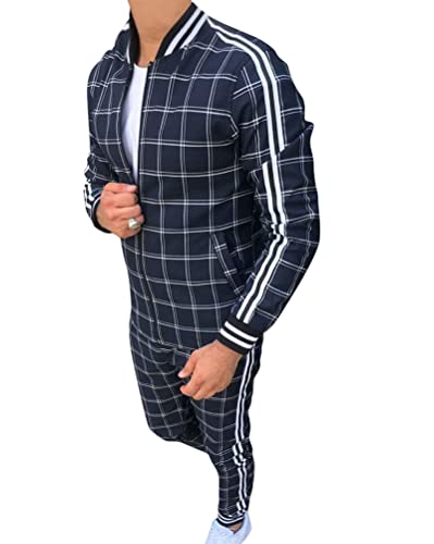 Oanviso Freizeitan-Set Herren Langarm Kariertes Trainingsanzug Sportanzug mit Reißverschluss und Tasche Jogginganzug Slim Fit Männer Sweatjacke Trainingshose Karierter Zweiteiliger Sets B03 M von Oanviso