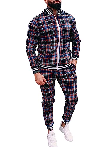 Oanviso Freizeitan-Set Herren Langarm Kariertes Trainingsanzug Sportanzug mit Reißverschluss und Tasche Jogginganzug Slim Fit Männer Sweatjacke Trainingshose Karierter Zweiteiliger Sets C01 XXL von Oanviso