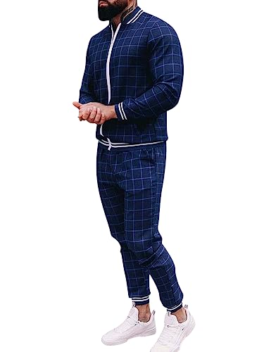 Oanviso Freizeitan-Set Herren Langarm Kariertes Trainingsanzug Sportanzug mit Reißverschluss und Tasche Jogginganzug Slim Fit Männer Sweatjacke Trainingshose Karierter Zweiteiliger Sets C03 L von Oanviso