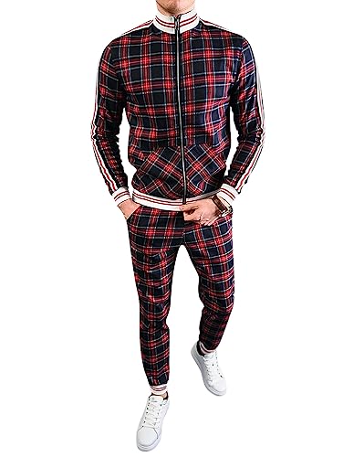 Oanviso Freizeitan-Set Herren Langarm Kariertes Trainingsanzug Sportanzug mit Reißverschluss und Tasche Jogginganzug Slim Fit Männer Sweatjacke Trainingshose Karierter Zweiteiliger Sets D03 L von Oanviso