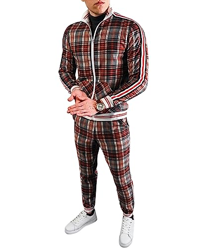 Oanviso Freizeitan-Set Herren Langarm Kariertes Trainingsanzug Sportanzug mit Reißverschluss und Tasche Jogginganzug Slim Fit Männer Sweatjacke Trainingshose Karierter Zweiteiliger Sets D04 XXL von Oanviso