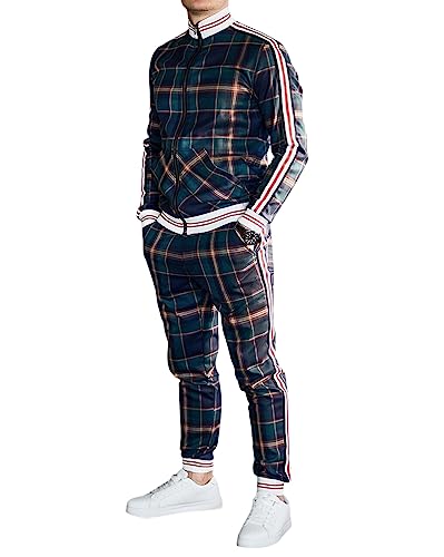 Oanviso Freizeitan-Set Herren Langarm Kariertes Trainingsanzug Sportanzug mit Reißverschluss und Tasche Jogginganzug Slim Fit Männer Sweatjacke Trainingshose Karierter Zweiteiliger Sets D05 L von Oanviso