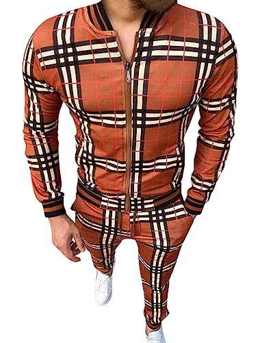 Oanviso Freizeitan-Set Herren Langarm Kariertes Trainingsanzug Sportanzug mit Reißverschluss und Tasche Jogginganzug Slim Fit Männer Sweatjacke Trainingshose Karierter Zweiteiliger Sets D08 XXL von Oanviso