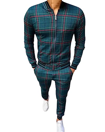 Oanviso Freizeitan-Set Herren Langarm Kariertes Trainingsanzug Sportanzug mit Reißverschluss und Tasche Jogginganzug Slim Fit Männer Sweatjacke Trainingshose Karierter Zweiteiliger Sets D09 M von Oanviso