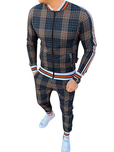Oanviso Freizeitan-Set Herren Langarm Kariertes Trainingsanzug Sportanzug mit Reißverschluss und Tasche Jogginganzug Slim Fit Männer Sweatjacke Trainingshose Karierter Zweiteiliger Sets F02 M von Oanviso