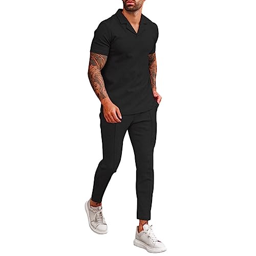 Oanviso Freizeitanzug Herren Herbst Sommer Sportanzug Zweiteiler Jogginganzug Sommer Casual T-shirt Kurzarm + Lang Sporthose Männer Hemd Traininganzug B Schwarz M von Osheoiso