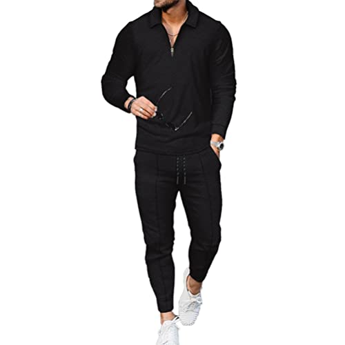 Oanviso Freizeitanzug Herren Herbst Winter Langarm Sportanzug Zweiteiler Große Größe Jogginganzug Loose Polo Shirt + Sporthose Lang Männer Traininganzug B1 Schwarz S von Oanviso