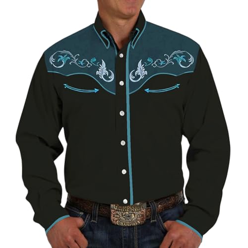 Oanviso Freizeithemd Herren Langarm Hemd Western-Stil Cowboy Druck Hemden Mode Traditionelles Hemd Tasten Vintage Hemden Karneval Kostüm Shirts Slim Fit B 17 XL von Oanviso