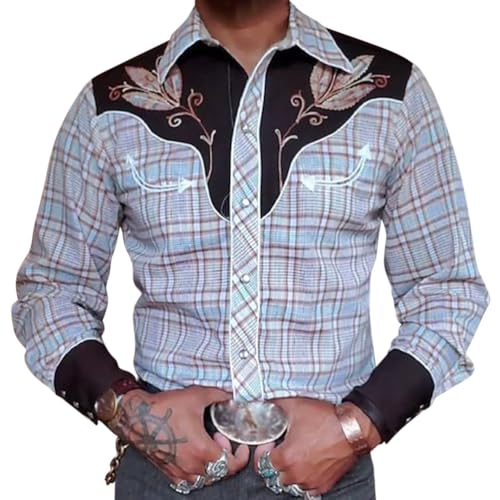 Oanviso Freizeithemd Langarm Herren Hemd Western-Stil Cowboy Druck Hemden Mode Traditionelles Hemd Tasten Vintage Hemden Karneval Kostüm Shirts Slim Fit B 02 XL von Oanviso