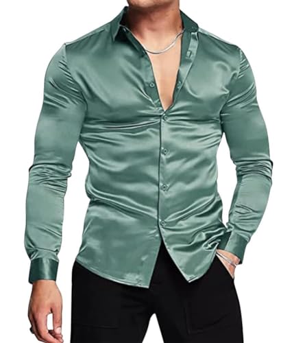 Oanviso Hemd Casual Herren Hemden Glänzend Langarm Shirt Frühling Kugel Freizeit Herrenhemden mit Knopf Mode Elegant Satinhemd Shirt mit Revers Hemden Slim Fit Luxuriös A Grün L von Oanviso
