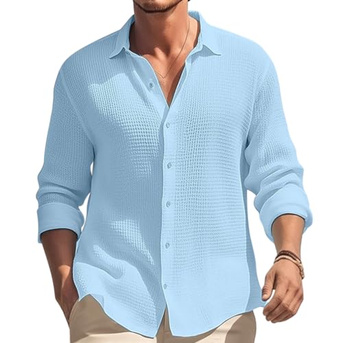Oanviso Hemd Casual Herren Waffelmuster Hemden Langarm Shirt Freizeit Herrenhemden Elegant Hemd mit Revers Hemden Knopf Slim Fit Frühling Herbst Shirts Einfarbig A Blau XS von Oanviso