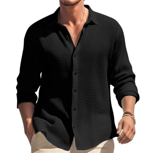 Oanviso Hemd Casual Herren Waffelmuster Hemden Langarm Shirt Freizeit Herrenhemden Elegant Hemd mit Revers Hemden Knopf Slim Fit Frühling Herbst Shirts Einfarbig A Schwarz M von Oanviso