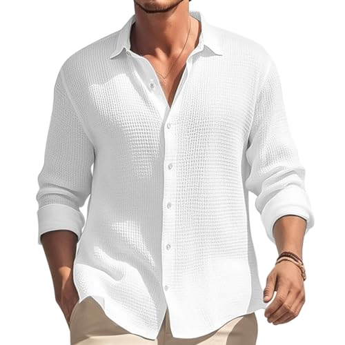 Oanviso Hemd Casual Herren Waffelmuster Hemden Langarm Shirt Freizeit Herrenhemden Elegant Hemd mit Revers Hemden Knopf Slim Fit Frühling Herbst Shirts Einfarbig A Weiß L von Oanviso