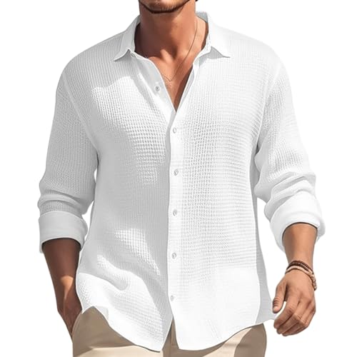 Oanviso Hemd Casual Herren Waffelmuster Hemden Langarm Shirt Freizeit Herrenhemden Elegant Hemd mit Revers Hemden Knopf Slim Fit Frühling Herbst Shirts Einfarbig A Weiß M von Oanviso