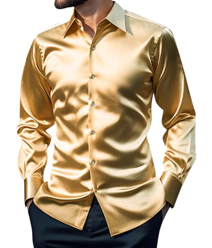 Oanviso Hemd Casual für Herren Hemden Glänzend Kurzarm Shirt Frühling Kugel Freizeit Herrenhemden mit Knopf Mode Elegant Satinhemd Shirt mit Revers Hemden Slim Fit Luxuriös D Gelb L von Oanviso