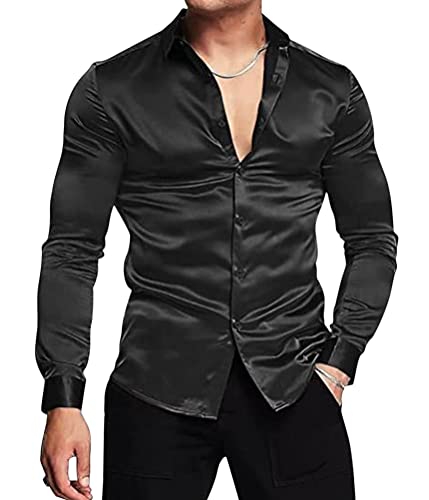Oanviso Hemd Casual für Herren Hemden Glänzend Langarm Shirt Frühling Kugel Freizeit Herrenhemden mit Knopf Mode Elegant Satinhemd Shirt mit Revers Hemden Slim Fit Luxuriös A Schwarz M von Oanviso