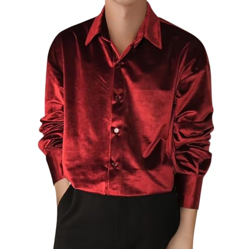 Oanviso Hemd Casual für Herren Hemden Glänzend Langarm Shirt Kugel Freizeit Herrenhemden Elegant Hemd aus Samt mit Revers Hemden Luxuriös mit Knopf Slim Fit A Rot L von Oanviso