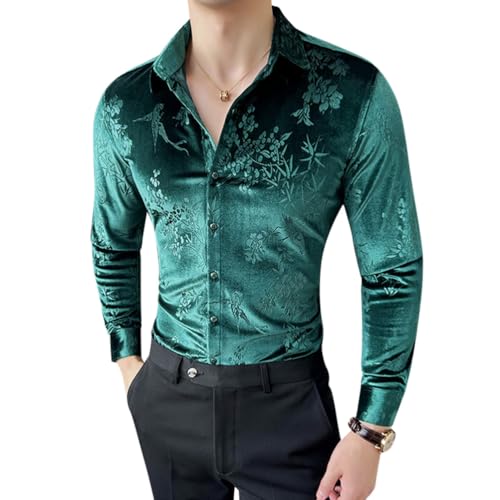 Oanviso Hemd Casual für Herren Hemden Glänzend Langarm Shirt Kugel Freizeit Herrenhemden Elegant Hemd aus Samt mit Revers Hemden Luxuriös mit Knopf Slim Fit C Grün L von Oanviso