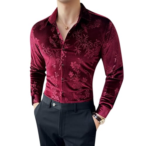 Oanviso Hemd Casual für Herren Hemden Glänzend Langarm Shirt Kugel Freizeit Herrenhemden Elegant Hemd aus Samt mit Revers Hemden Luxuriös mit Knopf Slim Fit C Rot 3XL von Oanviso