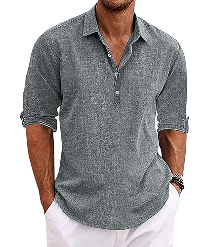 Oanviso Hemd Herren Henley Reverskragen Langarmhemd Praktisch Krempelärmeln Hemd Casual Shirt Leicht und Bequem Baumwolle Leinenhemd Frühling Sommer Freizeithemd A Grau M von Oanviso
