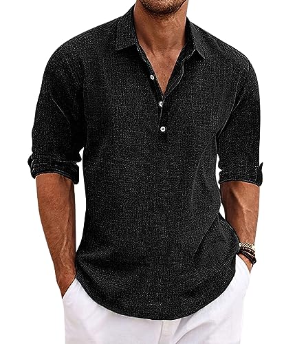 Oanviso Hemd Herren Henley Reverskragen Langarmhemd Praktisch Krempelärmeln Hemd Casual Shirt Leicht und Bequem Baumwolle Leinenhemd Frühling Sommer Freizeithemd A Schwarz M von Oanviso