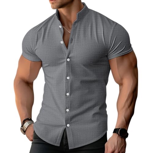 Oanviso Hemd Herren Kurzarm Hemden Stehkragen Sommer Leichtes Hemd Slim Fit Freizeithemden Kurzarmhemd Einfarbig Baumwolle Shirt Männer Atmungsaktiv Leinenhemd Button Down Business Hemd A Grau M von Oanviso