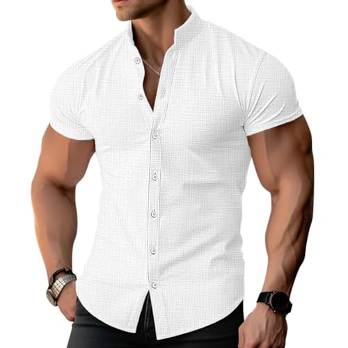 Oanviso Hemd Herren Kurzarm Hemden Stehkragen Sommer Leichtes Hemd Slim Fit Freizeithemden Kurzarmhemd Einfarbig Baumwolle Shirt Männer Atmungsaktiv Leinenhemd Button Down Business Hemd A Weiß XS von Oanviso
