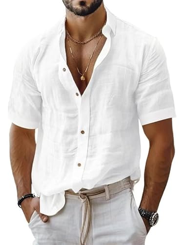 Oanviso Hemd Herren Sommer Freizeit Kurzarmhemd mit Stehkragen Freizeithemd Kurzarm Regular Fit Lockere Hemden Herrenhemd Leicht Sommerhemd Casual Strand Shirt Weiß L von Oanviso