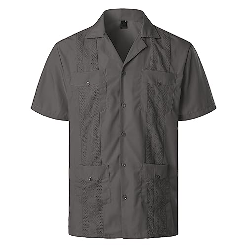 Oanviso Hemd Kurzarm Herren Freizeithemd Cuban Shirts Button-Down Guayabera Hemd mit Taschen Hemden Elegant Hochzeit Strand Herrenhemd Sommer Hemd Henley Regular Fit Männer A Grau XL von Oanviso