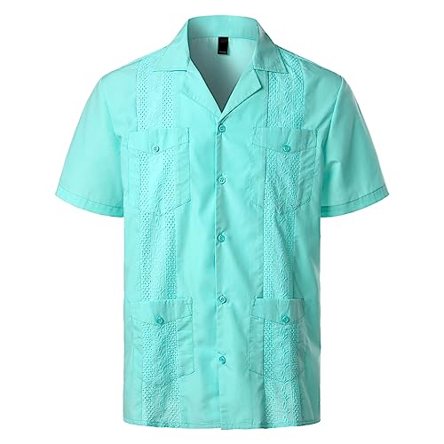 Oanviso Hemd Kurzarm Herren Freizeithemd Cuban Shirts Button-Down Guayabera Hemd mit Taschen Hemden Elegant Hochzeit Strand Herrenhemd Sommer Hemd Henley Regular Fit Männer A Türkis XXL von Oanviso