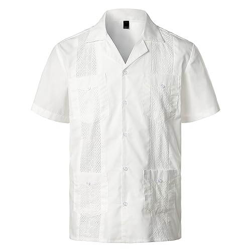 Oanviso Hemd Kurzarm Herren Freizeithemd Cuban Shirts Button-Down Guayabera Hemd mit Taschen Hemden Elegant Hochzeit Strand Herrenhemd Sommer Hemd Henley Regular Fit Männer A Weiß01 M von Oanviso