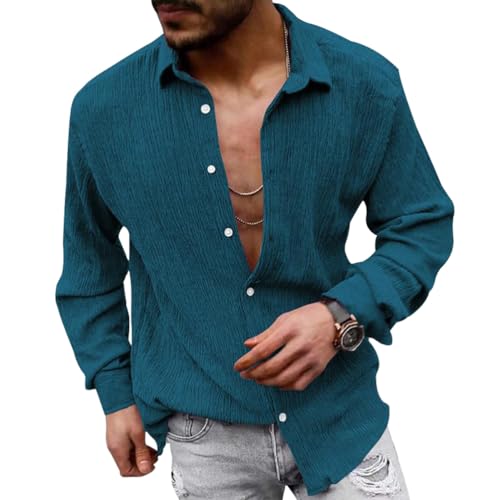 Oanviso Hemd Langarm Herren Freizeithemden Loose Fit Einfarbig Hemd Stretch Basic Hemd Frühling Herbst Mode Hemd Button Down Herrenhemden Casual A Blau XL von Oanviso