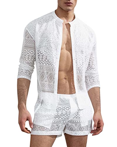 Oanviso Herren 2 Teiliges Set Aushöhlen Sommer Sexy Freizeitanzug Atmungsaktiv Leicht Shorts + Top Langarm mit Knopf Mode Suit Seaside Zweiteiliger Holiday Sets mit Stehkragen A Weiß S von Oanviso