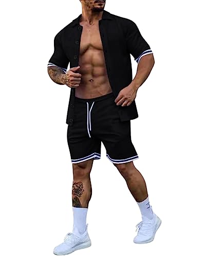 Oanviso Herren 2-Teiliges Set Freizeit Hemd Kurzarm + Shorts Sommer Jogging-Set Slim Fit Sportanzug T-Shirt mit Kentkragen Zweiteiliges Mode Set Atmungsaktiv Bekleidungsset mit Knöpfen A Schwarz XL Oanviso Herren 2-Teiliges Set Freizeit Hemd Kurzarm + Shorts Sommer Jogging-Set Slim Fit Sportanzug T-Shirt mit Kentkragen Zweiteiliges Mode Set Atmungsaktiv Bekleidungsset mit Knöpfen A Schwarz XL von Oanviso
