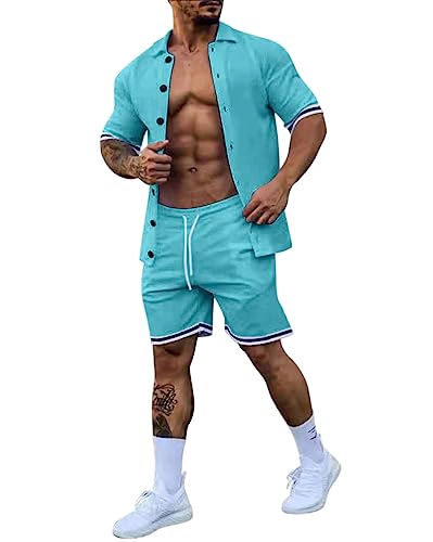 Oanviso Herren 2-Teiliges Set Freizeit Hemd Kurzarm + Shorts Sommer Jogging-Set Slim Fit Sportanzug T-Shirt mit Kentkragen Zweiteiliges Mode Set Atmungsaktiv Bekleidungsset mit Knöpfen A Türkis XXL von Oanviso