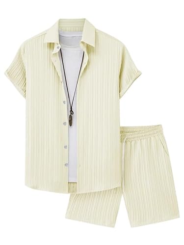 Oanviso Herren 2 Teiliges Sommer Freizeitanzug Sets Kurzarm Hemden + Shorts Set Jogginganzüge Mode Casual Strand Outfits mit Knöpfen Männer Trainingsanzug Zweiteiler B Beige M von Oanviso